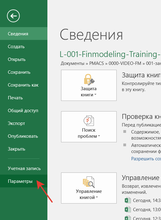кнопка Параметры книги Excel