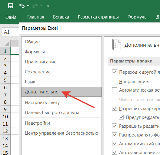 Дополнительные Параметры книги Excel